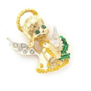 Vintage Christmas Rhinestone ANGEL Enamel Gold Plated Holiday Pin Xmas Jewelry